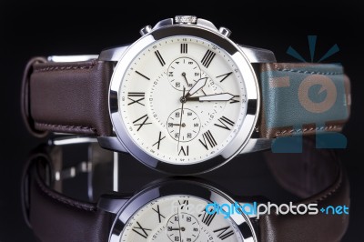 Men's Watch With Brown Leather Band Stock Photo