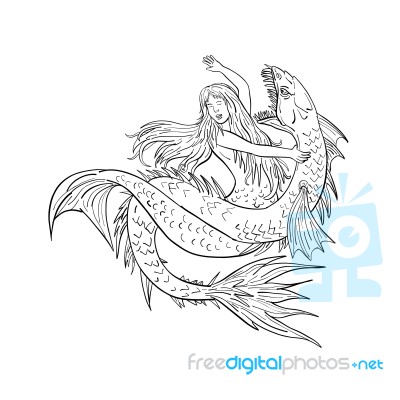 Mermaid Fighting A Sea Serpent Drawing Black And White Stock Image