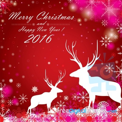 Merry Christmas And Happy New Year. The Colorful Snow And White Reindeer On Red Background Stock Image Merry Christmas And Happy New Year. The Colorful Snow And White Reindeer On Red Background Stock Image