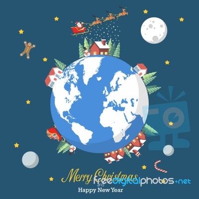 Merry Christmas And Happy New Year With Earth Globe Stock Image