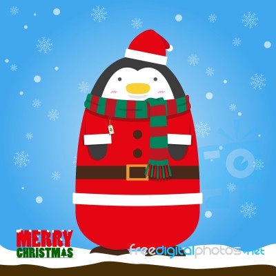 Merry Christmas Penguin In Santa Claus Suit Stock Image