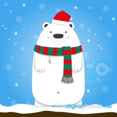 Merry Christmas Polar Bear Wear Santa Hat Scarf Stock Image