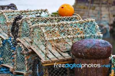 Mesh Net Shellfish Traps At Sea Port Stock Photo