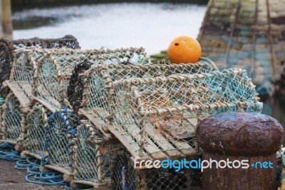Mesh Net Shellfish Traps At Sea Port Stock Photo