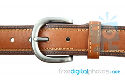 Metal Head Of Long Brown Belt On White Background. Stock Photo