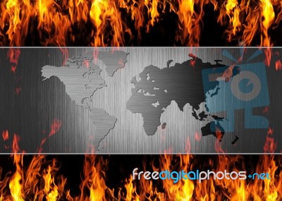 Metal World Map On Fire Stock Photo
