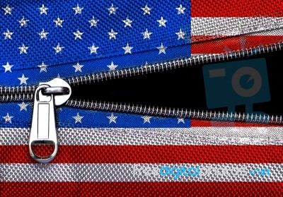 Metal Zipper On American Flag Synthetic Fabric  With Black Copy Stock Photo