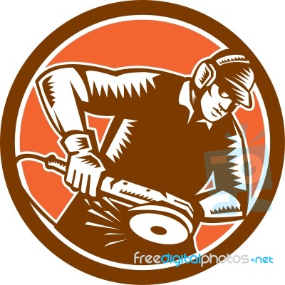 Metalworker Operating Grinder Woodcut Circle Retro Stock Image
