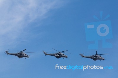 Mi-24 Attack Helicopters Fly On Military Parade Devoted To 70th Stock Photo