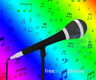 Microphone Closeup With Musical Notes Shows Songs Or Hits Stock Image