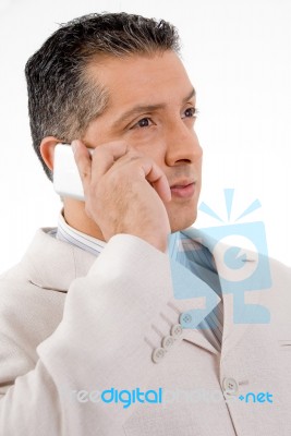 Middle Aged Man Talking Over Phone Stock Photo