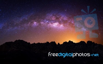 Milky Way Galaxy Over Mountain At Night, Deogyusan Mountain In South Korea Stock Photo