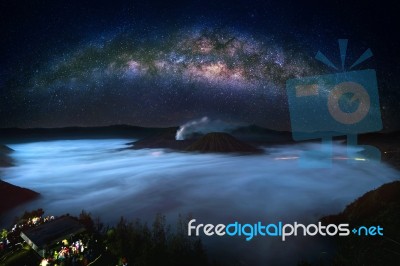 Milky Way Over Bromo Mount In Bromo Tengger Semeru National Park, East Java, Indonesia Stock Photo