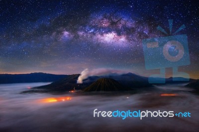 Milky Way Over Bromo Mount In Bromo Tengger Semeru National Park, East Java, Indonesia Stock Photo