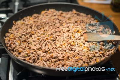 Minced Meat In Frying Pan Stock Photo