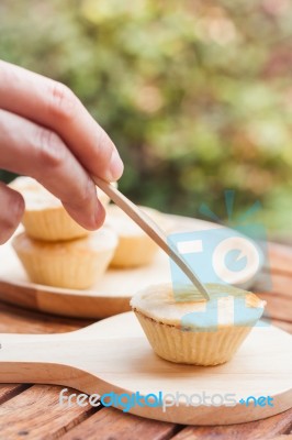 Mini Pies On Wooden Plate Stock Photo