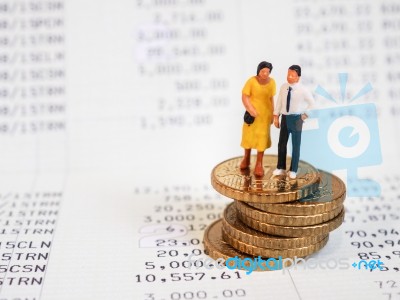 Miniature Couple Stand On Euro Coins. Family Future Money Plan C… Stock Photo