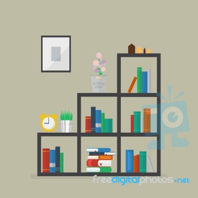 Minimal Bookshelf With Many Books And Flower Decoration Stock Image