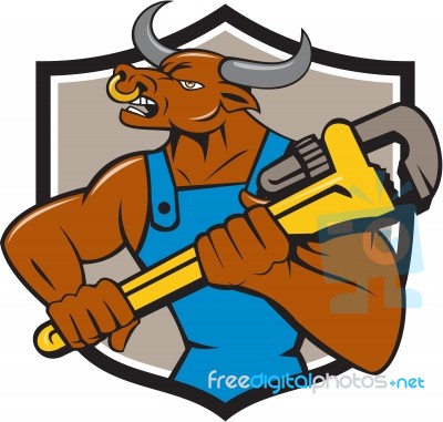 Minotaur Bull Plumber Wrench Crest Cartoon Stock Image