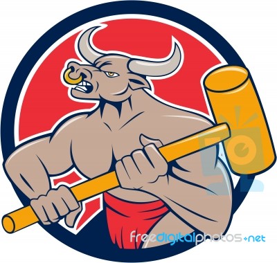 Minotaur Wielding Sledgehammer Circle Cartoon Stock Image