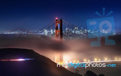 Misty Night And The Golden Gate Stock Photo