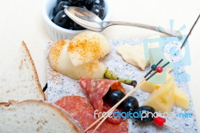 Mix Cold Cut On A Stone With Fresh Pears Stock Photo
