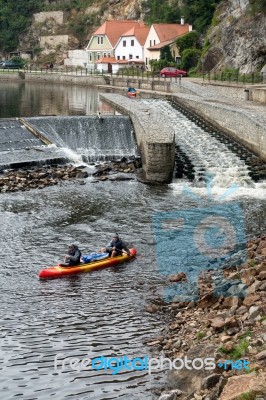 < Mixed People Canoeing Down The Vlatava River To Krumlov> Stock Photo