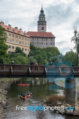 < Mixed People Canoeing Down The Vlatava River To Krumlov> Stock Photo
