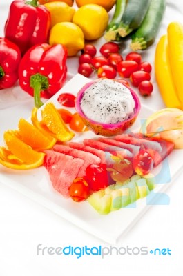 Mixed Plate Of Fresh Sliced Fruits Stock Photo