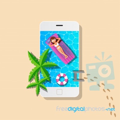 Mobile And Swimming Pool With Woman Relaxing Stock Image