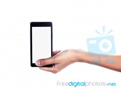 Mobile Phone In Female Hand Isolated On A White Background, To C… Stock Photo