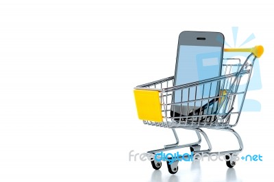 Mobile Phone In Shopping Cart Stock Photo