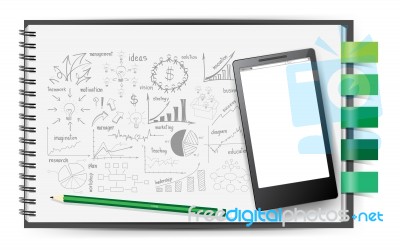 Mobile Phone On Notebook Paper Drawing Plan Concept Stock Image