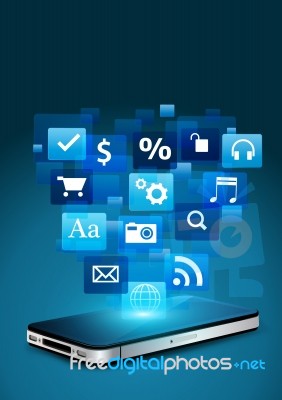Mobile Phone With Cloud Of Application Icons Stock Image