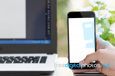 Mockup Phone In Woman Hand On Desk Stock Photo