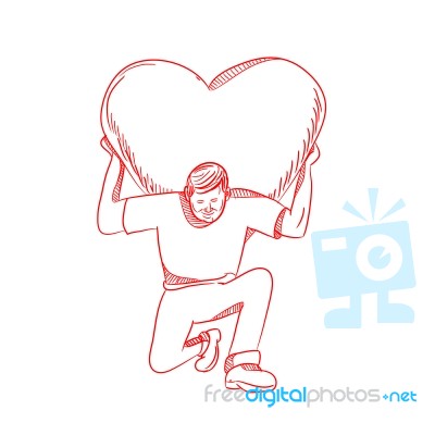 Modern Atlas Lifting Heart On Back Drawing Stock Image