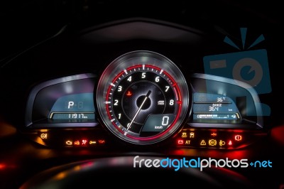 Modern Car Instrument Dashboard Panel Or Speedometer And Full Symbol In Night Time Stock Photo
