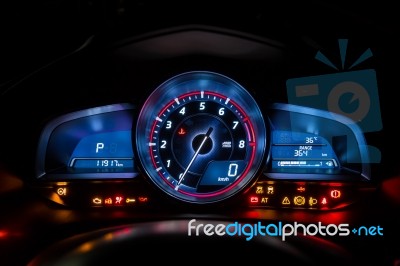 Modern Car Instrument Dashboard Panel Or Speedometer And Full Symbol In Night Time Stock Photo
