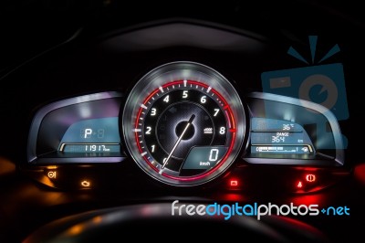 Modern Car Instrument Dashboard Panel Or Speedometer In Night Time Stock Photo