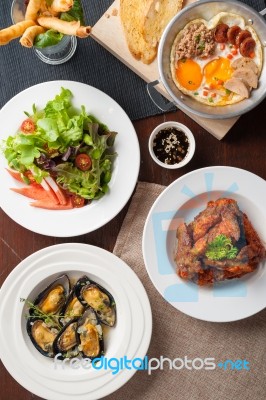 Modern Cuisine Set On Wood Table Stock Photo