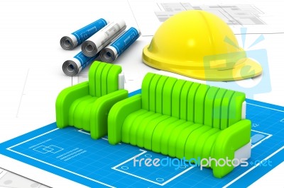 Modern Furniture Set On Blueprint Stock Image