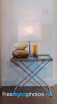 Modern Lamp On Modern Wooden Table Stock Photo