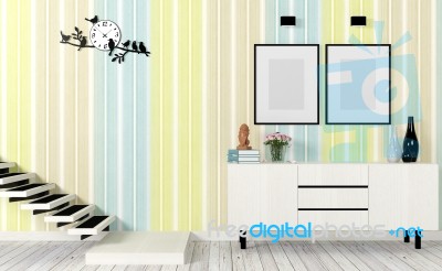 Modern Living Room Interior With Stairs, Mock Up Poster And Side Table Stock Image