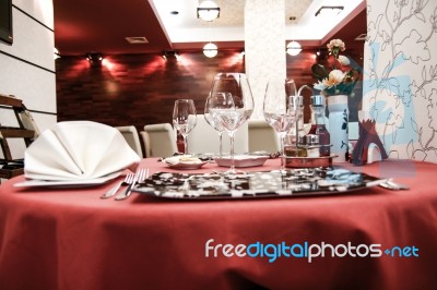 Modern Restaurant Dinner Table Stock Photo