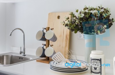Modern White Pantry With Shelf Stock Photo