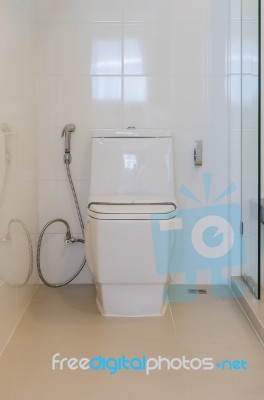 Modern White Toilet Bowl In Bathroom Stock Photo