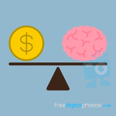 Money Dollar Coin And Brain On Weight Scale Stock Image