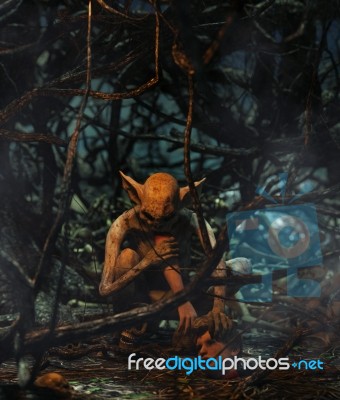 Monster Creature Woman In Creepy Forest,3d Illustration Stock Image