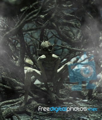 Monster Creature Woman In Creepy Forest,3d Illustration Stock Image