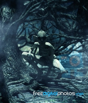 Monster Creature Woman In Creepy Forest,3d Illustration Stock Image